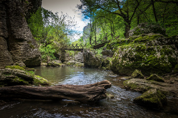 Emen Canyon, Bulgaria. Wood bridge over the river into a luxuriant forest