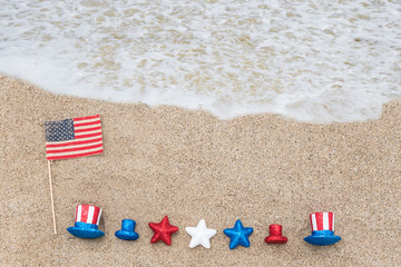 Fototapeta na wymiar Patriotic USA background on the sandy beach