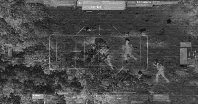 Drone with thermal night vision camera view of soldiers walking during war