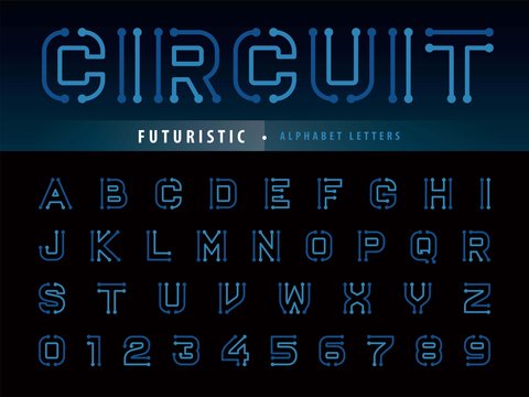 Vector of Circuit Alphabet Letters and numbers, Future Techno stylized fonts