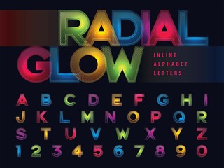 Vector of Radial Glow Alphabet Letters and numbers, Modern Colorful line stylized Lettering,