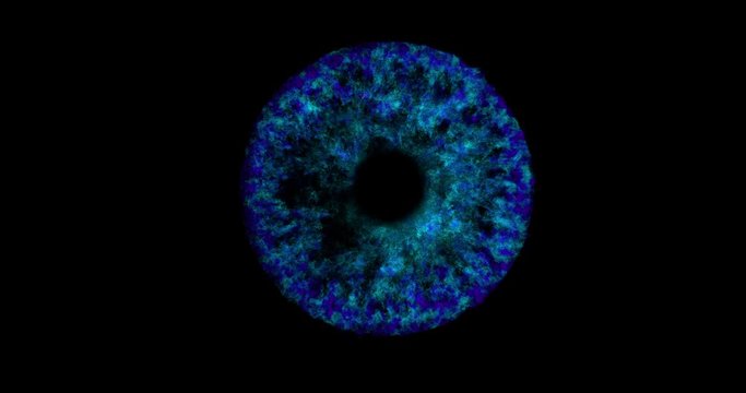 Closeup of a blue eye pupil, iris fire 3D looping animation