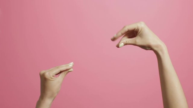 comic children history with female hands, two characters talking on a colored background, creative idea, imagination, gesticulation