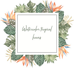 Watercolor frame of colorful tropical leaves. Concept of the jungle for the design of invitations, greeting cards and wallpapers