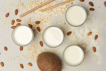 Obraz na płótnie Canvas Assortment of organic vegan non-dairy plant-based milk in glasses, top view