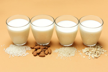 Organic vegan non-dairy plant-based milk, studio shot on bright orange background