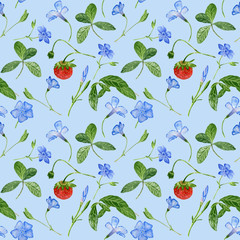 Hand drawn watercolor seamless pattern of Vinca minor and strawberries, isolated on colorful background. Botanical. Lesser periwinkle.  Dwarf periwinkle.