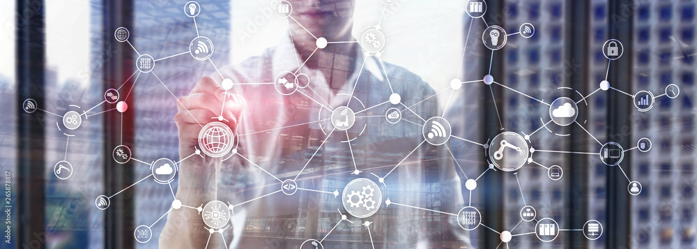 Poster technology industrial business process workflow organisation structure on virtual screen. iot smart 