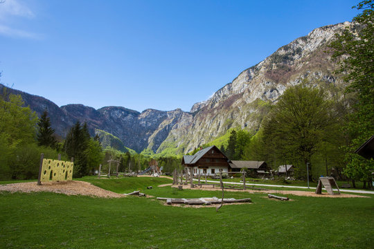 Ukanc village on Bohinj lake landscape, 