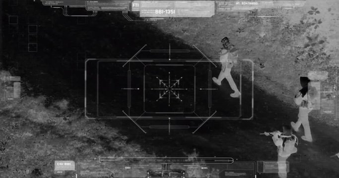 Drone with thermal night vision view of terrorists with camera zooming in