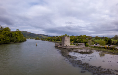 Fototapeta na wymiar Aerial view of Narrow Water Castle it is a famous 16th-century tower house near Warrenpoint in Northern Ireland.