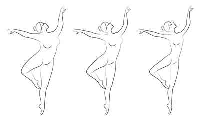 Collection. Silhouette of a cute lady, she is dancing ballet. A woman is overweight. The girl is plump, slim, thin. Woman ballerina, gymnast. Vector illustration set