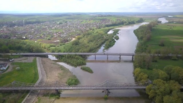 Aerial view of Dnister river and two bridges in town of Halych in Ukraine.