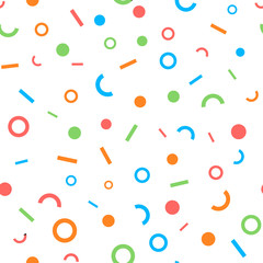 Trendy seamless Memphis style geometric pattern with bright geometric leaves foliage, vector illustration with line elements and abstract geometric figures. Design backgrounds for wallpape