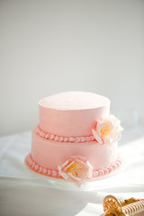 Obraz na płótnie Canvas Small two tiered pink wedding cake