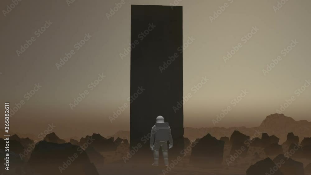 Poster astronaut walking on the surface of a mars like planet stops and a monolith constructs itself in fro