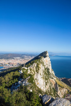 Gibraltar, View of Gibraltar rock, in the distance is the Gibraltar - Spanish border at La Linea