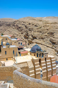 Palestine, West Bank, Bethlehem Governorate, Al-Ubeidiya. Mar Saba monastery, built into the cliffs of the Kidron Valley in the Judean Desert.