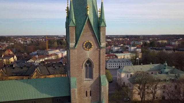 Aerial view of old historical cathedral in Linkoping city in Sweden.