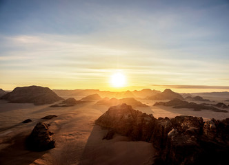 Landscape of Wadi Rum at sunrise, aerial view from a balloon, Aqaba Governorate, Jordan