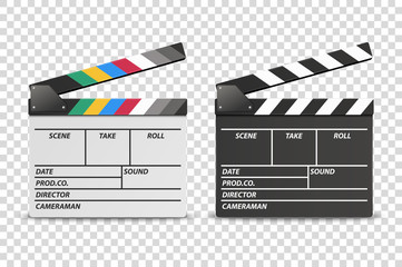 Fototapeta na wymiar Vector 3d Realistic Opened White and Black Movie Film Clap Board Icon Set Closeup Isolated on Transparent Background. Design Template of Clapperboard, Slapstick, Filmmaking Device. Front View