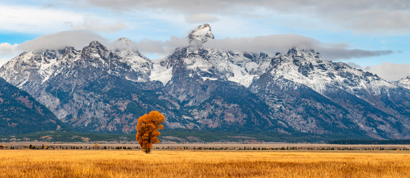 View of snowcapped mountains in Grand Teton National Park