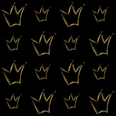 Golden crowns vector pattern in hand drawn style.