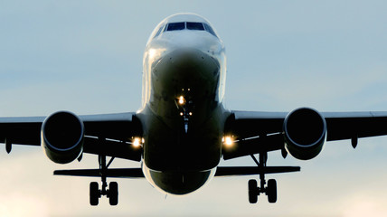 Fototapeta na wymiar Commercial Airplane Jet Landing at Airport 