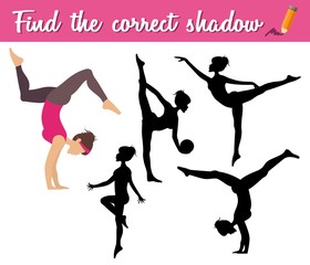 Find the correct shadow. Educational matching game for children with cartoon girl making sport
