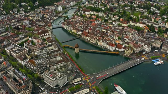 Aerial view of Kapellbrucke or Chapel Bridge within the cityscape of Lucerne, Switzerland