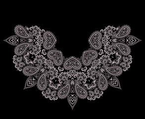 Fototapeta na wymiar Neckline design. Black and white floral lace pattern. Vector print with paisley and decorative elements for embroidery, for women's clothing. 