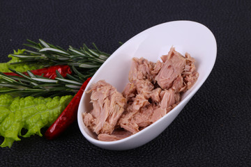 Tasty canned tuna fish in the bowl