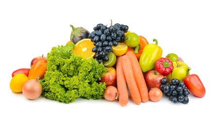 Heap fresh fruits and vegetables isolated on white