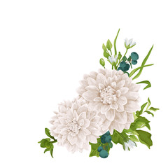 Vector floral bouquet design: chrysantemum, dahlia, greenery, leaves, flower, berry. Wedding vector invitation card. Perfect for background greeting cards of the birthday, Valentine's, Mother's Day.