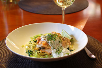 Salmon on pasta