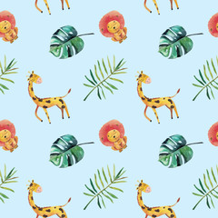 Hand-drawn watercolor seamless pattern. Green tropical leaves and wild animals