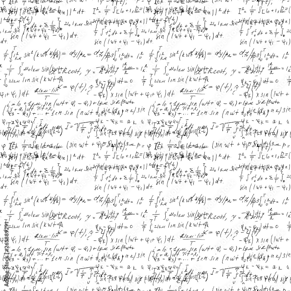 Poster math seamless board with handwritten mathematical and physics formulas and proves. vector