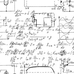 Scientific seamless texture with handwritten formulas and electronic components. Physics and schematic diagram and circuit of  the devices. Vector.