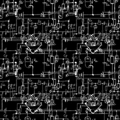 Scientific seamless texture with handwritten formulas and electronic components. Drawing of various graph solutions on chalk boards. Physics and schematic diagram and circuit of  the devices. Vector.