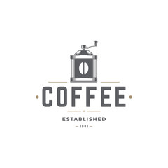 Coffee shop emblem template grinder silhouette with retro typography vector illustration