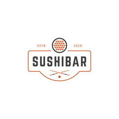 Sushi shop emblem template salmon roll silhouette with retro typography vector illustration