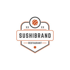 Sushi shop emblem template salmon roll silhouette with retro typography vector illustration