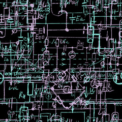 Scientific seamless color background with handwritten mathematical and physical formulas, electronic components, schematic diagram and circuit of  the devices. Electrician pattern in colour. Vector.
