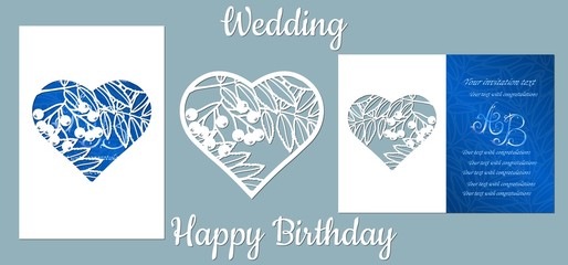 The inscription-happy birthday, wedding. Rowan, leaves, berries,. Card Rowan, leaves, berries in heart, and space for text. Laser cutting template for greeting cards, invitations, decorative elements.