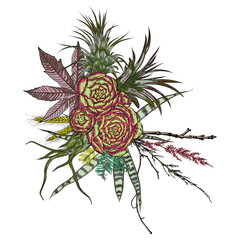 Green colorful succulent bouquet ikebana tattoo concept. Selection of exotic  echeveria, herbs, various plants and leaves. Natural greenery. Flesh tattoo sketch. Unique real plants reference. Vector.