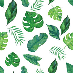 Fototapeta na wymiar Seamless pattern. Hand drawn tropical leaves on a white background.