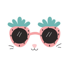 Funny print with strawberry sunglasses and cat face. Summer fashion graphic. Vector hand drawn illustration.