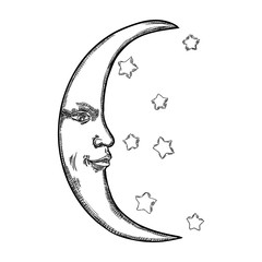 Hand drawn sketch of crescent moon human like face or anthropomorphic planet in black and white, isolated on white. Detailed antique vintage style stipple drawing. Vector.