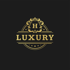 Fototapeta premium Luxury logo design template vector illustration victorian vignettes ornaments.