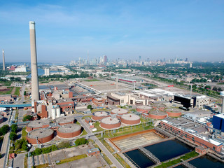 Modern urban wastewater treatment plant. Water purification plant, automatic process of removing...